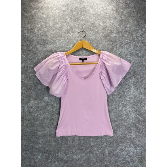 1. STATE Tops - 1. State Women's Pink Flutter Sleeve Ribbed Top Blouse Small Ruched Shoulders